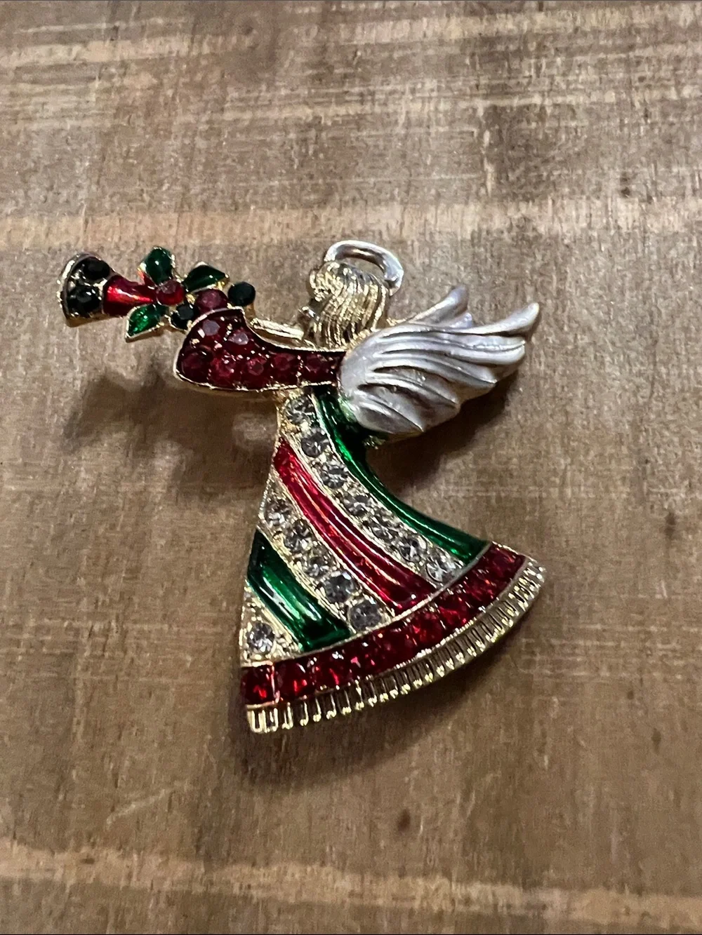 3/$18 Gold-Tone Red & Green Angel Brooch - Holiday Crystal Pin Lot 6075